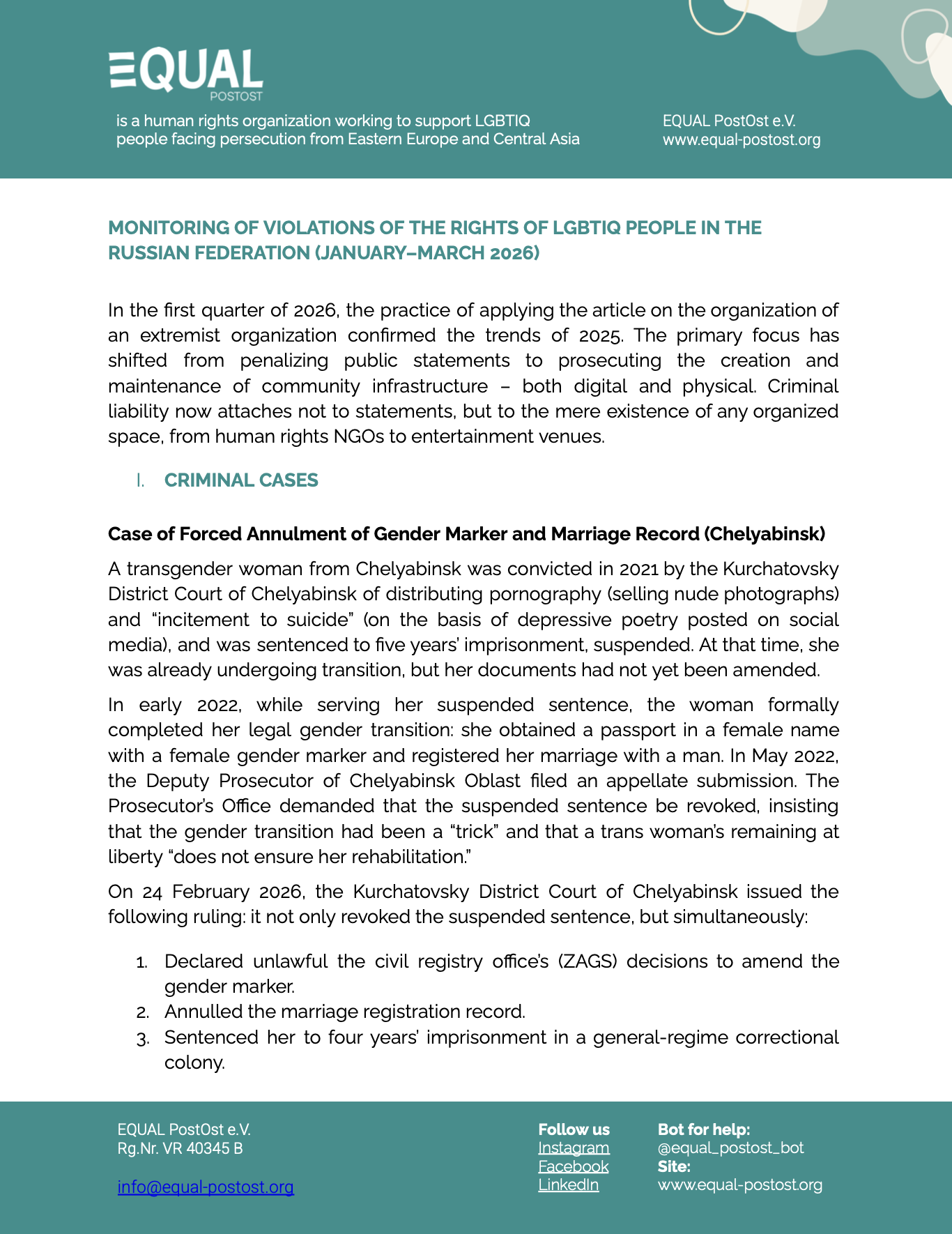 Monitoring of LGBTIQ rights violations in the Russian Federation: January–March 2026